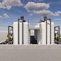 Industrial Equipment With Large White Storage Tanks Metal Frames And Platforms Against Blue Sky