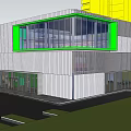 Modern Sales Office Building With White Green Facade Glass Curtain Wall And Metal Stripes