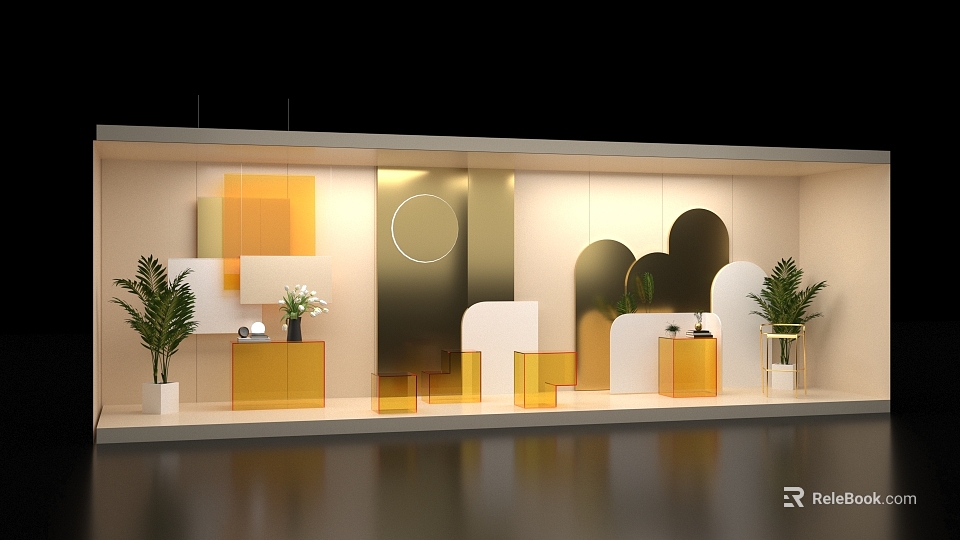 Elegant Modern Shop Window Showcasing Geometric Shapes Green Plants And Soft Lighting 3d model 