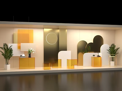 Elegant Modern Shop Window Showcasing Geometric Shapes Green Plants And Soft Lighting 3d model