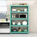Teal Kitchen Storage Shelf Holding Microwave Dishes Pots Toaster And Plants In Modern Kitchen
