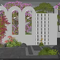 White Arched Scenic Garden Wall With Purple Flowers Green Plants And Stone Path