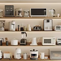 Modern Kitchen Shelves Displaying Coffee Maker Microwave Toaster Blender Kettle And Kitchen Appliances