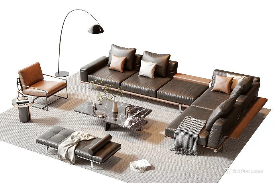 Modern Black Leather Sofa And Coffee Table Set With Floor Lamp Accent Chair And Ottoman 3d model 