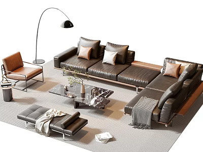 Modern Black Leather Sofa And Coffee Table Set With Floor Lamp Accent Chair And Ottoman 3d model