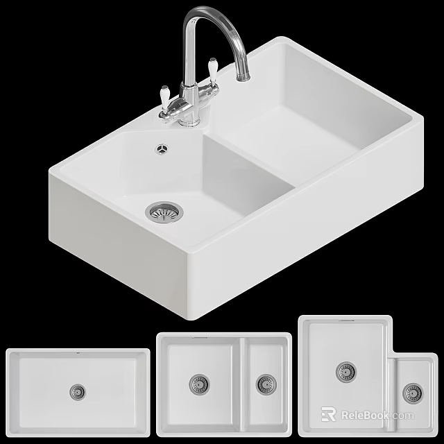 Modern White Ceramic Wash Basin With Double Bowl Faucet And Various Designs 3d model 