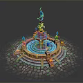 Ornate Decorative Household Fountain With Blue Water Flow Golden Accents And Stone Brick Base