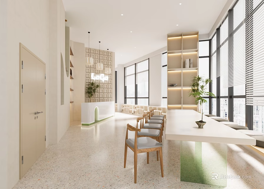 Modern Minimalist Shared Space With Large Windows And Greenery 3d model