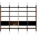 Modern Multi tier Storage Shelf Unit With Wooden Frame Black Panels And Open Compartments
