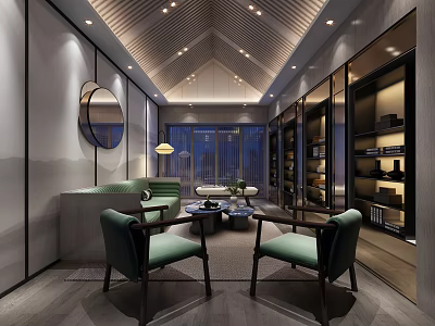 Modern Leisure Area Interior With Green Chairs Coffee Table Bookshelves And Round Mirror 3d model