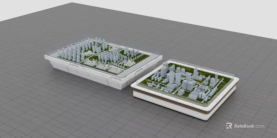 Detailed City Scale Models with White Buildings and Green Areas Displayed on Gray Grid Background 3d model 