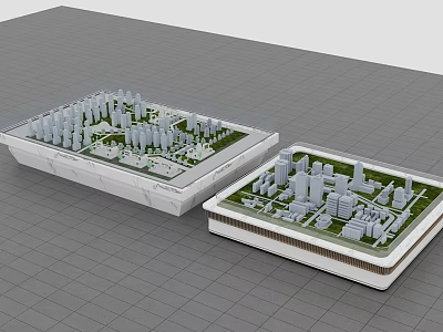 Detailed City Scale Models with White Buildings and Green Areas Displayed on Gray Grid Background 3d model