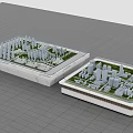 Detailed City Scale Models with White Buildings and Green Areas Displayed on Gray Grid Background