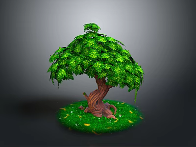 Lush Green Arbor With Dense Foliage Brown Trunk Green Grass And Small Flowers 3d model
