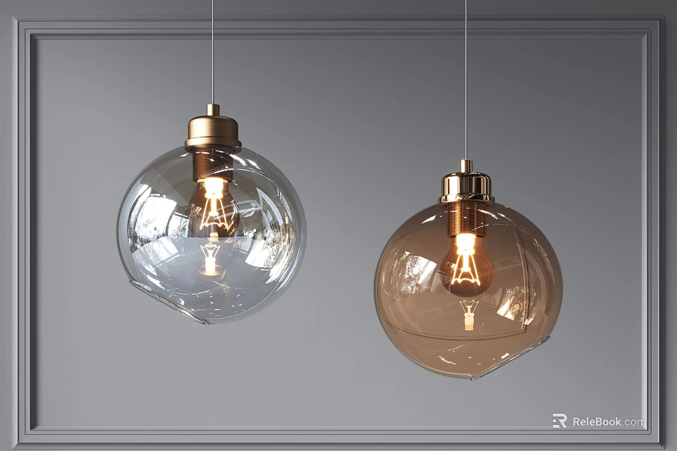 Two Modern Spherical Pendant Lights with Clear Brown Glass Globes Brass Tops Vintage Bulbs 3d model 