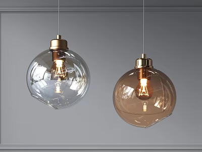 Two Modern Spherical Pendant Lights with Clear Brown Glass Globes Brass Tops Vintage Bulbs 3d model