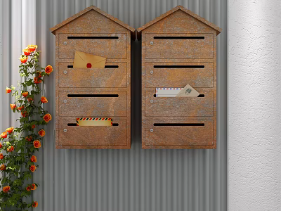 Two Wooden Public Mailboxes With Letters Attached On Gray Wall And Orange Flowers Nearby 3d model