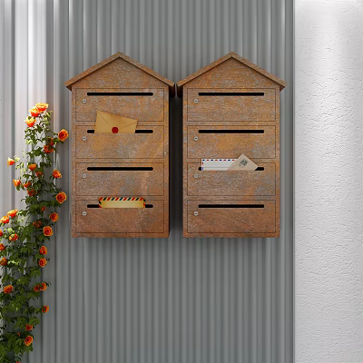 Two Wooden Public Mailboxes With Letters Attached On Gray Wall And Orange Flowers Nearby 3d model