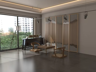 Modern Leisure Area Interior With Wooden Furniture Floor To Ceiling Windows And Green Plants 3d model