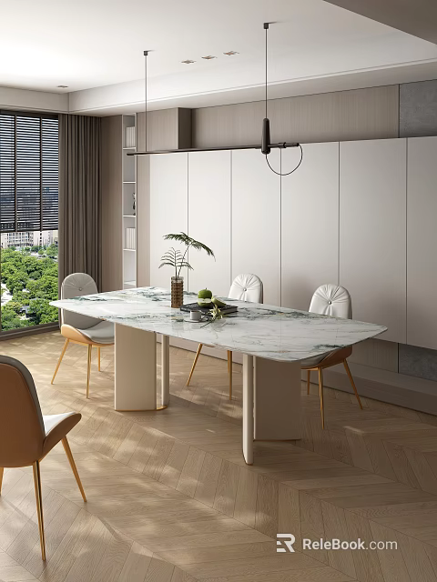 Modern Dining Table Set With Marble Top Golden Leg Chairs And Cabinets By Window 3d model 