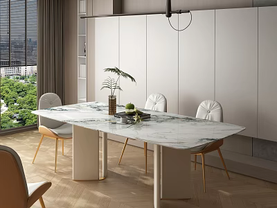 Modern Dining Table Set With Marble Top Golden Leg Chairs And Cabinets By Window 3d model