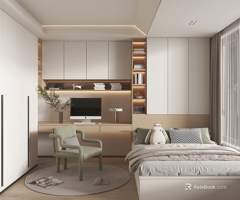 Modern Tatami Bedroom Interior Design With Tatami Bed White Cabinets Chair Bookshelf And Window 3d model 