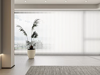 White Vertical Blinds in Bright Room with Potted Plant and Grey Carpet 3d model