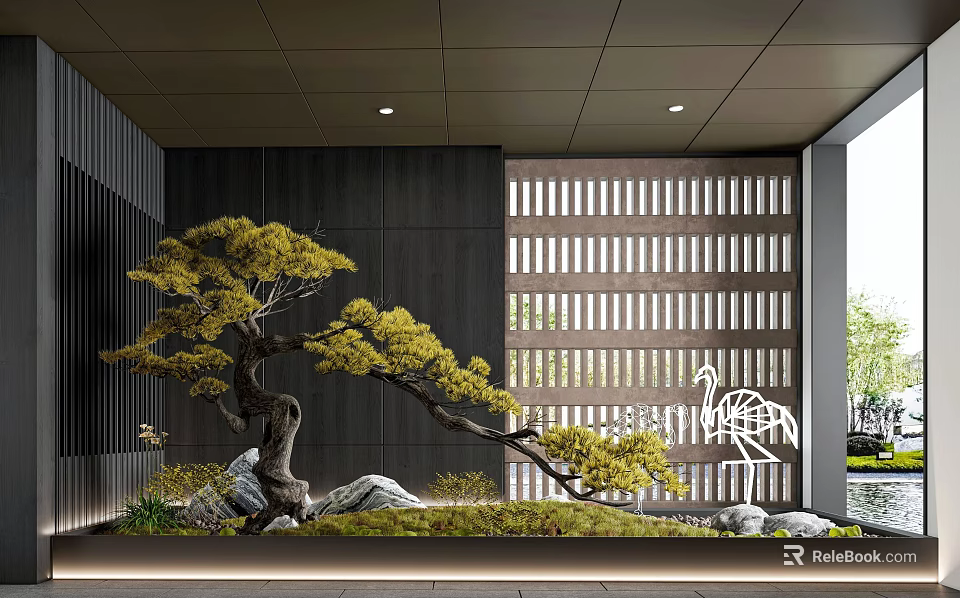 Serene Indoor Landscape Design With Sculpted Pine Rockery Mossy Ground And Wooden Lattice 3d model 