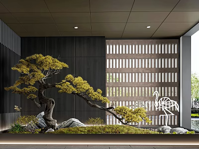 Serene Indoor Landscape Design With Sculpted Pine Rockery Mossy Ground And Wooden Lattice 3d model