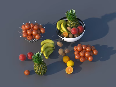 Assorted Fresh Fruits Display With Pineapple Bananas Cherry Tomatoes Lemons And Walnuts 3d model