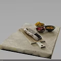 Marble Countertop With Wooden Board Salami Chef Knife Bowls Of Chips Red Veggies And Nuts