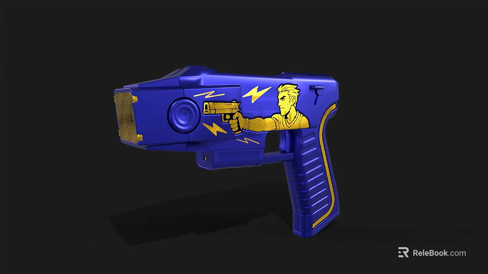 Blue Toy Gun Design With Gold Accents Yellow Figure And Lightning Bolt Patterns 3d model 
