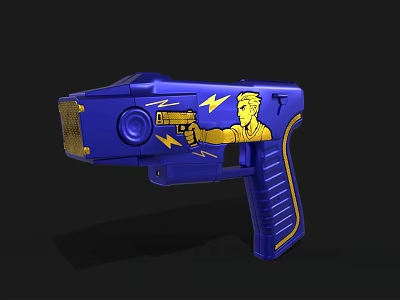 Blue Toy Gun Design With Gold Accents Yellow Figure And Lightning Bolt Patterns 3d model