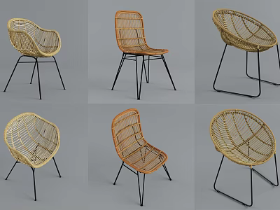 Modern Woven Rattan Lounge Chair With Black Metal Frame And Curved Backrest 3d model