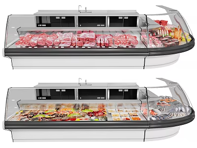 Commercial Display Freezers With Fresh Meat Fruits Vegetables And Seafood In Retail Store 3d model
