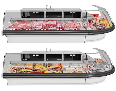 Commercial Display Freezers With Fresh Meat Fruits Vegetables And Seafood In Retail Store 3d model