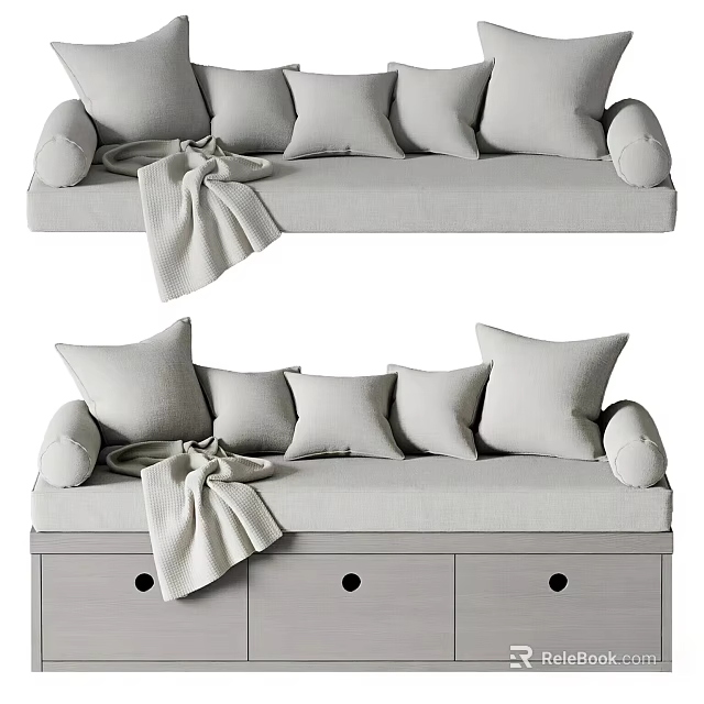 Comfortable Neutral Gray Multi Seat Sofa With Plush Pillows And Drawer Storage Base 3d model 