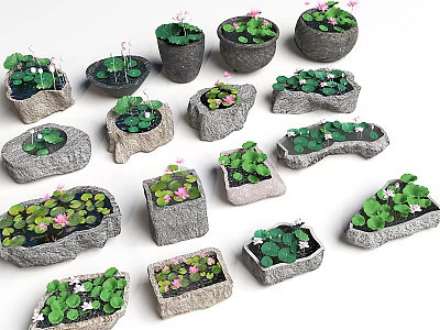 Decorative Stone Water Fountains with Various Shapes Lily Pads and Pink Flowers 3d model