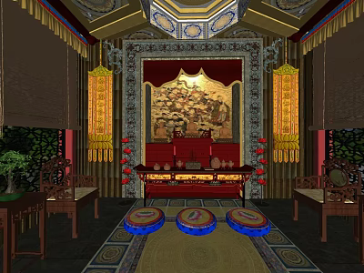 Chinese Traditional Religious Worship Hall With Red Altar Incense Burners And Lanterns 3d model