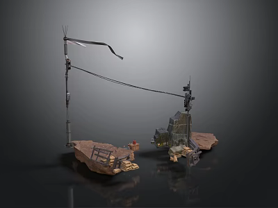 Scenic Construction Elements With Flag Pole Rock Base And Platform Structures 3d model