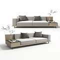Modern Light Gray Double Sofa Featuring Green Brown Cushions And Side Table With Plant 3d model