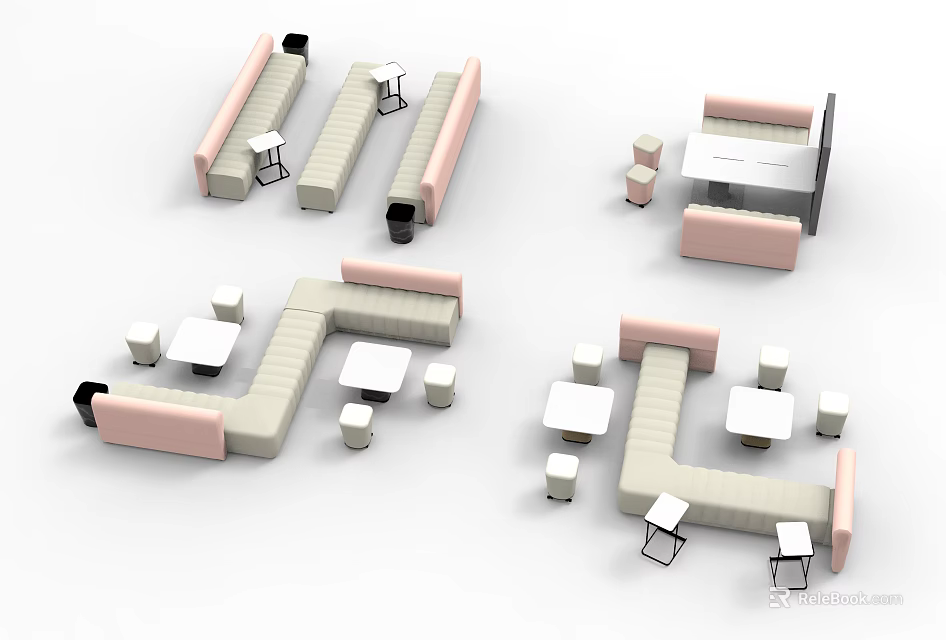 Stylish Leisure Sofa Combination With Pink And Beige Modules Small Tables And Stools 3d model
