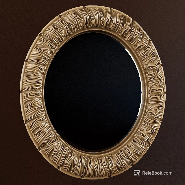 Intricate Oval Mirror With Golden Decorative Frame On Brown Wall 3d model 