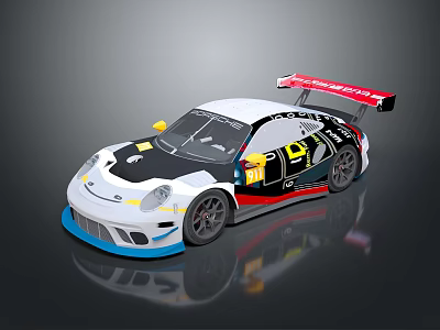 Stylish White Race Car with Black Stripes Red Rear Wing and Yellow Racing Design Details 3d model