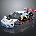 Stylish White Race Car with Black Stripes Red Rear Wing and Yellow Racing Design Details