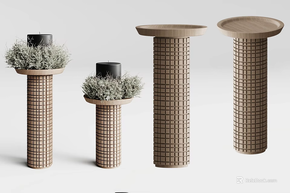 Elegant Decorative Ornament Set with Columnar Bases Round Tabletops Greenery and Black Candles 3d model 