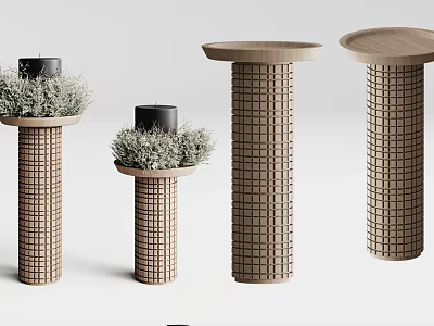 Elegant Decorative Ornament Set with Columnar Bases Round Tabletops Greenery and Black Candles 3d model