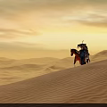 Sunset Over Rolling Desert Sand Dunes With Person Horse And Cloudy Sky