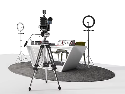 Work Desk Setup With Tripod Mounted Camera Ring Lights And Studio Equipment 3d model