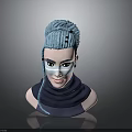 3D Model Woman with Blue Gray Braided Hair and Light Face Paint in Dark Turtleneck